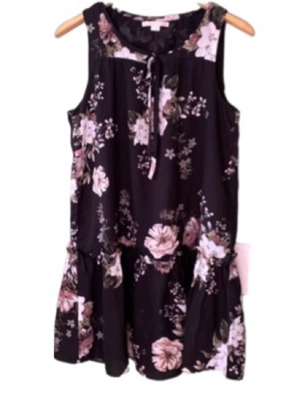 C & E black floral sleeveless ruffled hem string casual summer flowy dress sz  M
